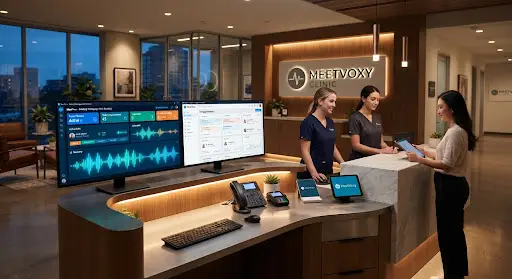 Modern clinic reception desk at dusk with glowing soundwave telemetry on dual monitors