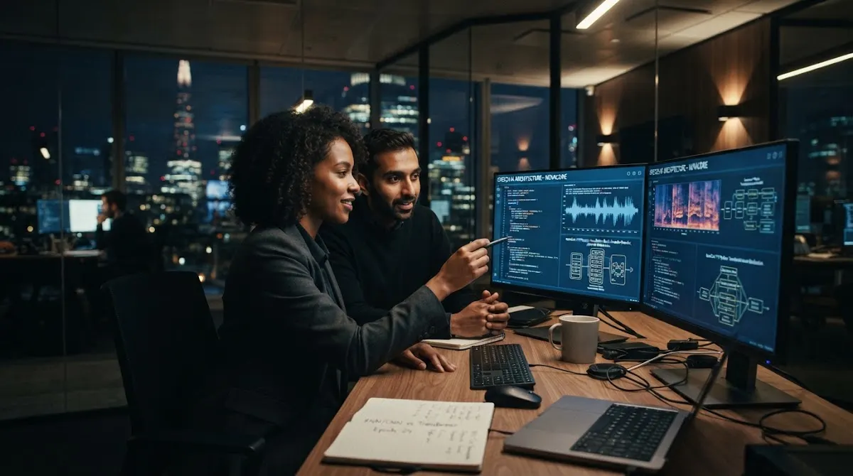 Two founders at a desk reviewing MeetVoxy voice AI architecture diagrams and audio waveforms on large monitors