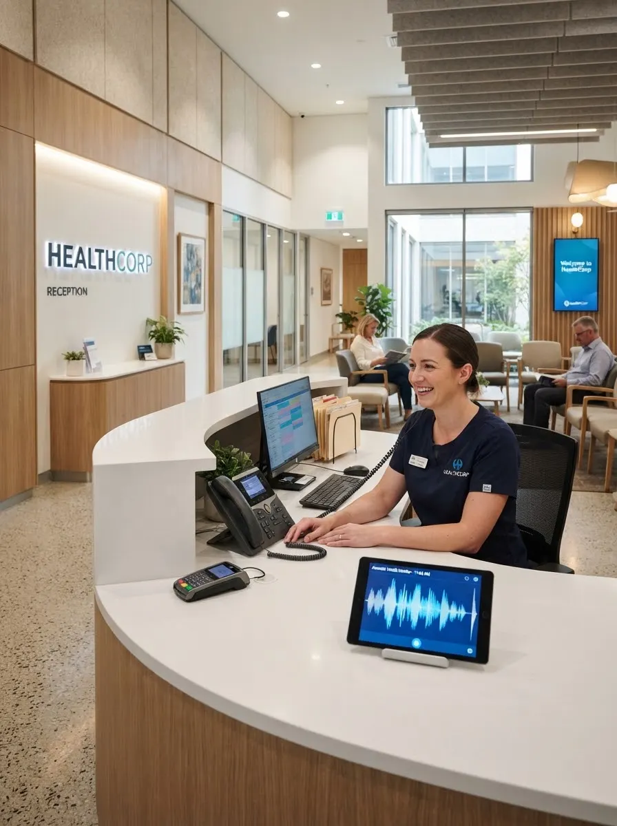 Modern reception desk with a phone system and a tablet showing an audio waveform