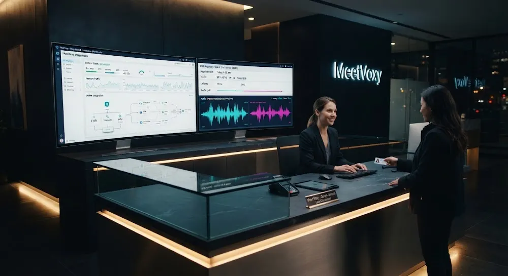 Modern clinic reception counter at night with two large monitors showing integration diagrams and glowing audio waveforms
