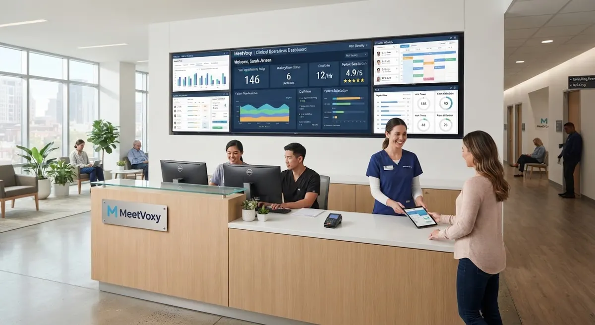 Modern clinic reception desk with digital telemetry screens